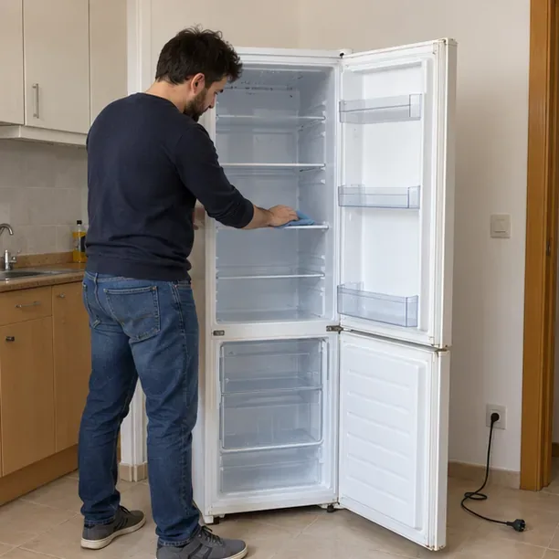 Persona vaciando y limpiando un frigorífico desenchufado antes de entregarlo como residuo electrónico
