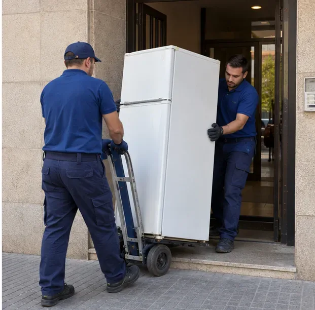 Dos operarios trasladando un frigorífico con una carretilla desde la entrada de una vivienda