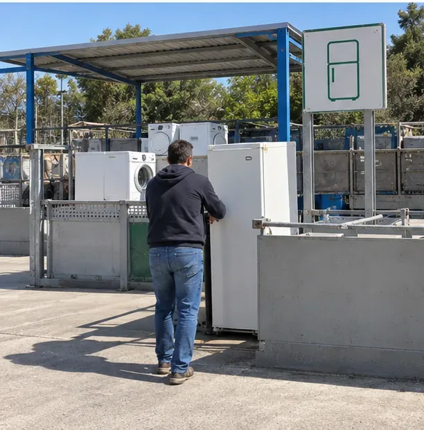 Persona entregando un frigorífico en una zona de punto limpio destinada a grandes electrodomésticos