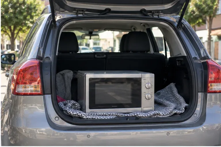 Un microondas colocado de forma estable sobre una manta en el maletero de un coche para transportarlo a un punto de recogida