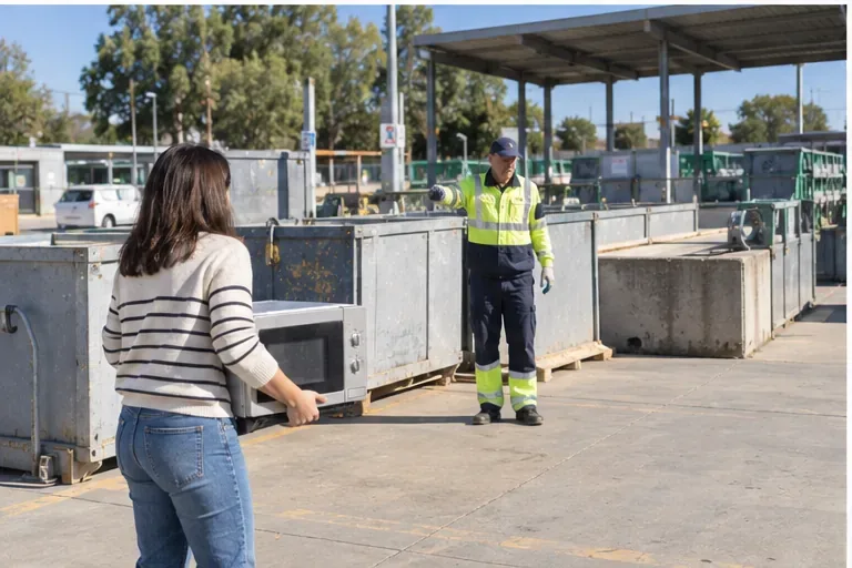 Una persona lleva un microondas a la zona de aparatos eléctricos de un punto limpio donde un operario orienta la entrega