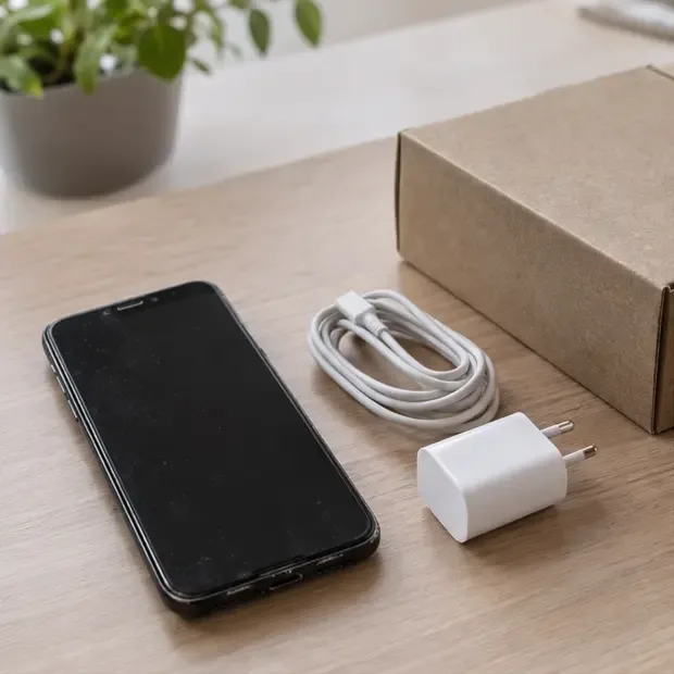 Un teléfono móvil antiguo apagado junto a su cargador y una caja sobre una mesa