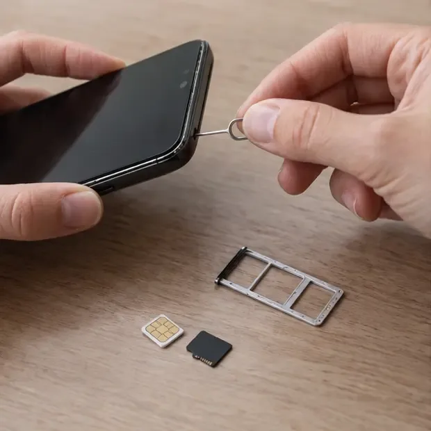 Unas manos extraen la bandeja de la tarjeta SIM y una tarjeta microSD de un teléfono móvil