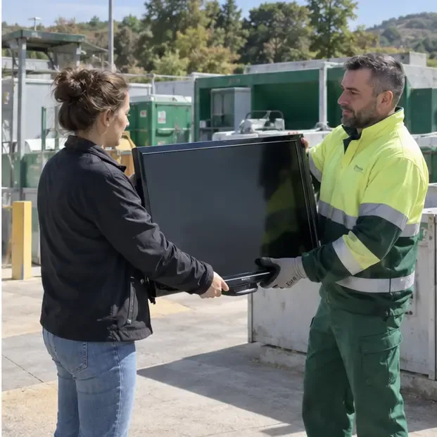 Una vecina entrega un televisor a un trabajador en un punto de recogida municipal