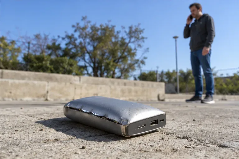 Una batería externa hinchada permanece sin tocar sobre una superficie de hormigón mientras una persona pide indicaciones por teléfono a distancia