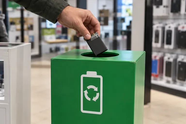 Una mano deposita con cuidado una batería intacta en un contenedor específico de recogida dentro de una tienda de electrónica