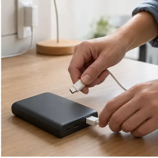 Una persona desconecta el cable de carga de una batería externa sobre una mesa