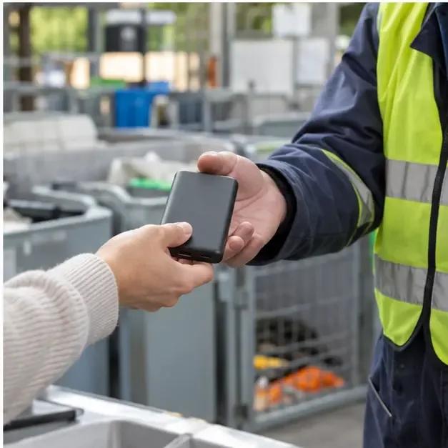 Una persona entrega una batería externa a un trabajador de un punto municipal de recogida