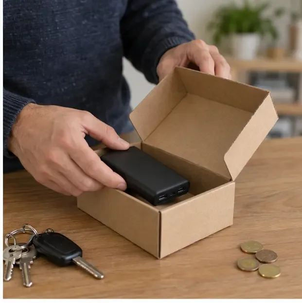 Una persona ripone una power bank integra in una piccola scatola di cartone lontano da chiavi e monete