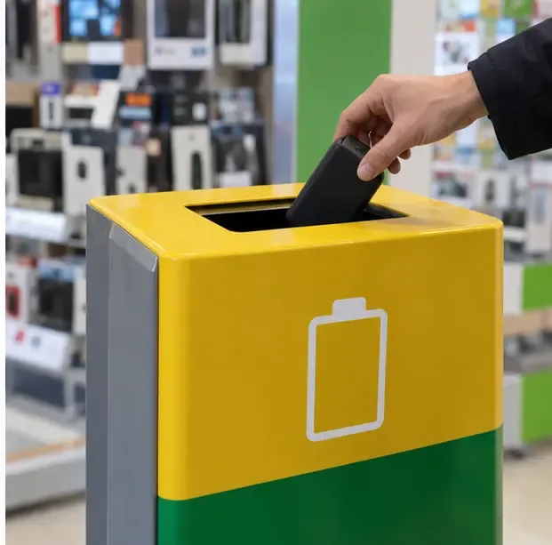 Una mano deposita una power bank in un contenitore dedicato alla raccolta delle batterie all’interno di un negozio di elettronica