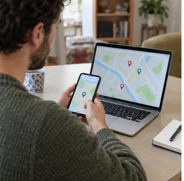 Una persona cerca su computer e smartphone un punto di raccolta vicino alla propria posizione
