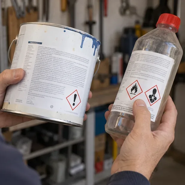 Mani che controllano le etichette di un barattolo di vernice e di una bottiglia di solvente, con pittogrammi di pericolo visibili.