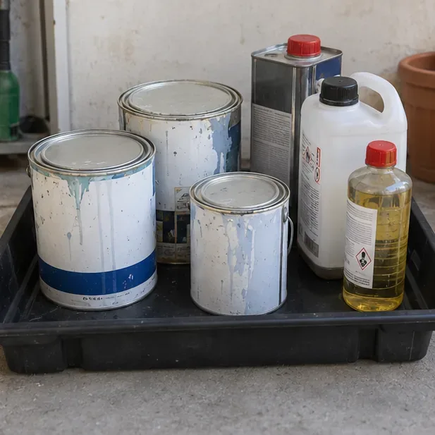 Barattoli di vernice e contenitori di solvente chiusi e separati su una vaschetta di sicurezza.
