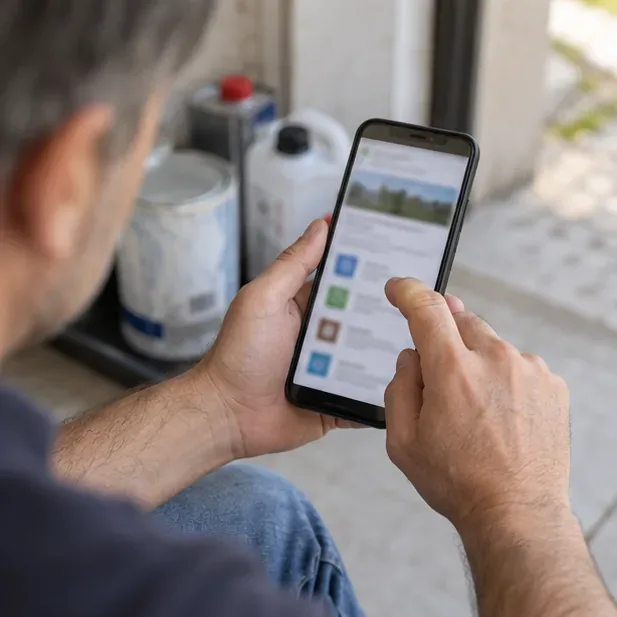 Una persona consulta sullo smartphone una pagina comunale per verificare dove conferire vernici e solventi.