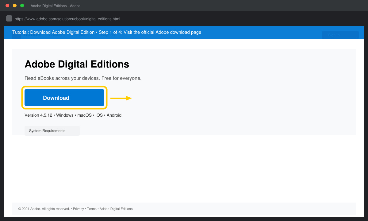 Screenshot of the official Adobe download page with the Download button for Windows clearly visible