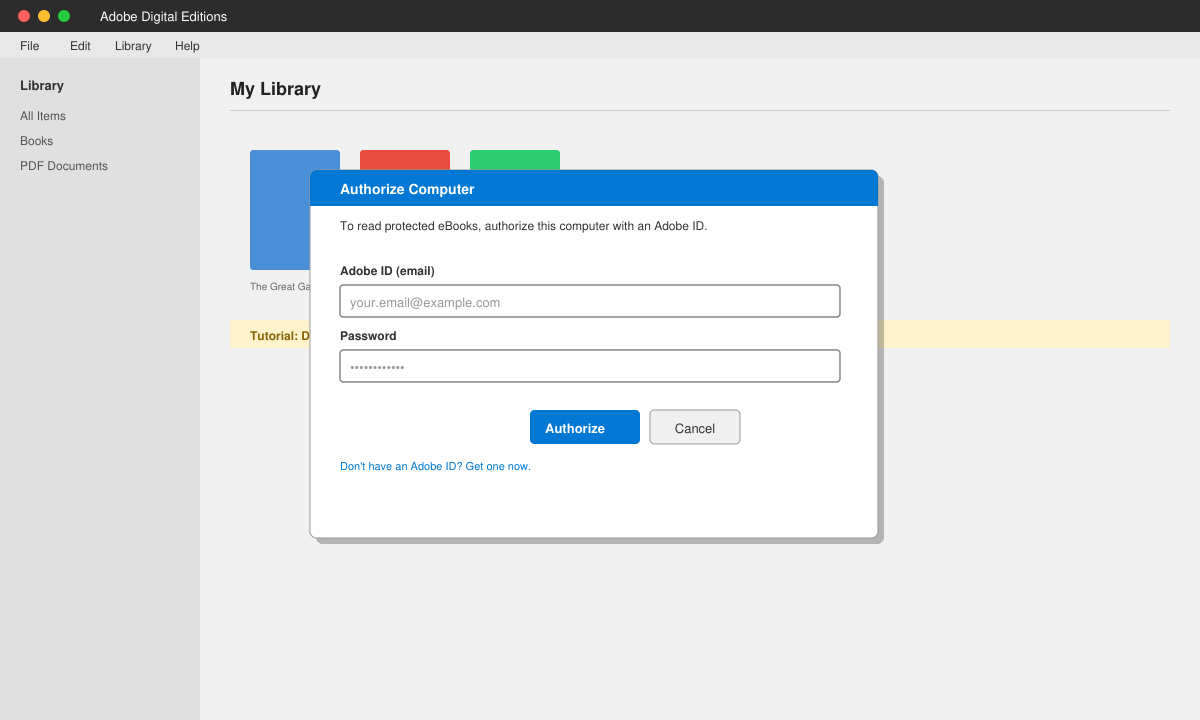 Adobe Digital Editions authorization screen showing the Adobe ID login fields