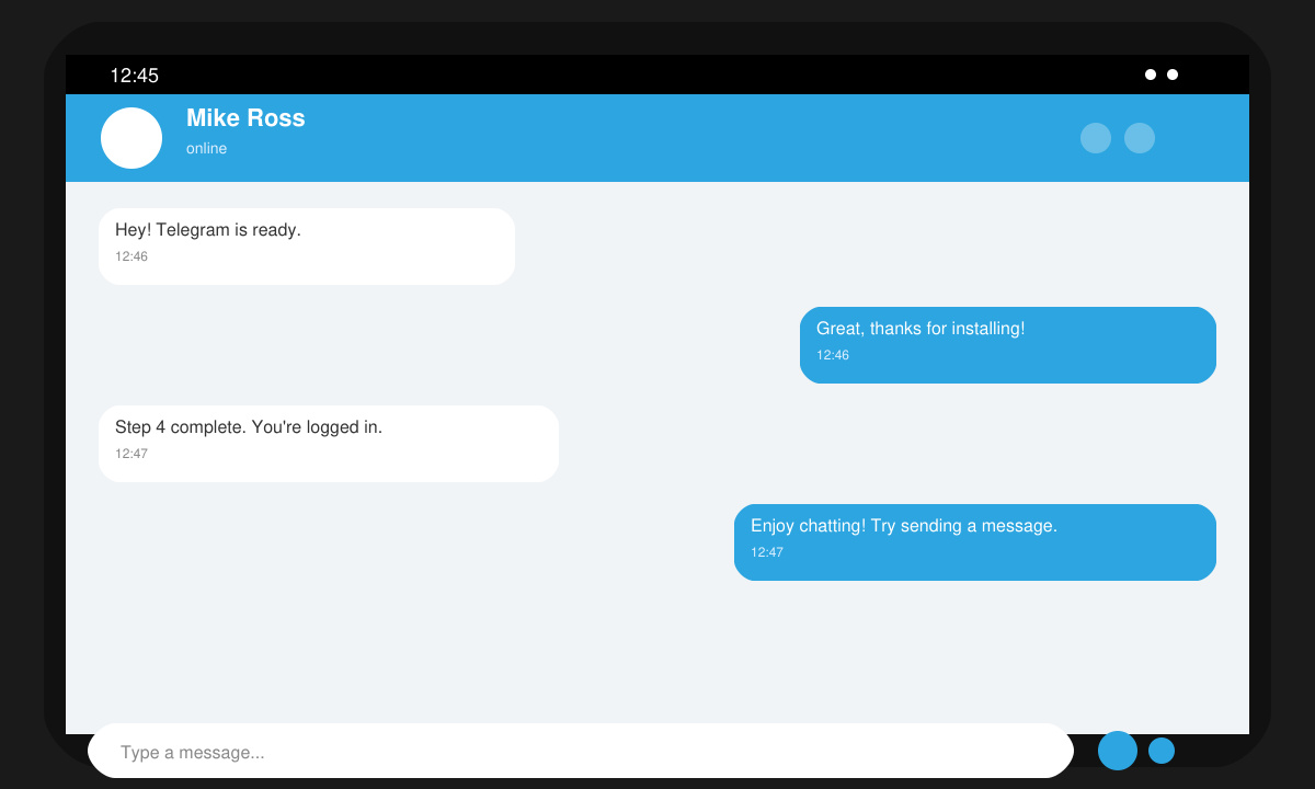 Android screen displaying the Telegram home chat list after successful login