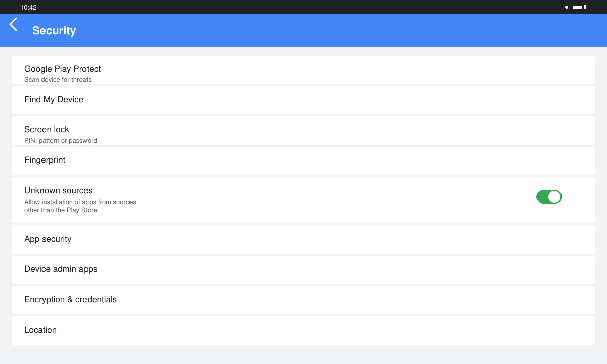 Android settings screen highlighting the Unknown Sources toggle enabled