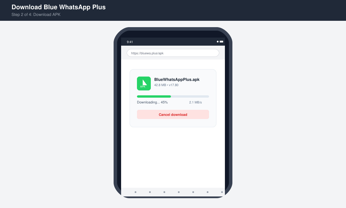 Download progress screen for Blue WhatsApp Plus APK file on mobile browser