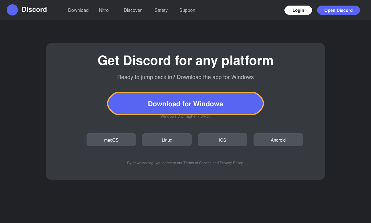 Official Discord download page for Windows