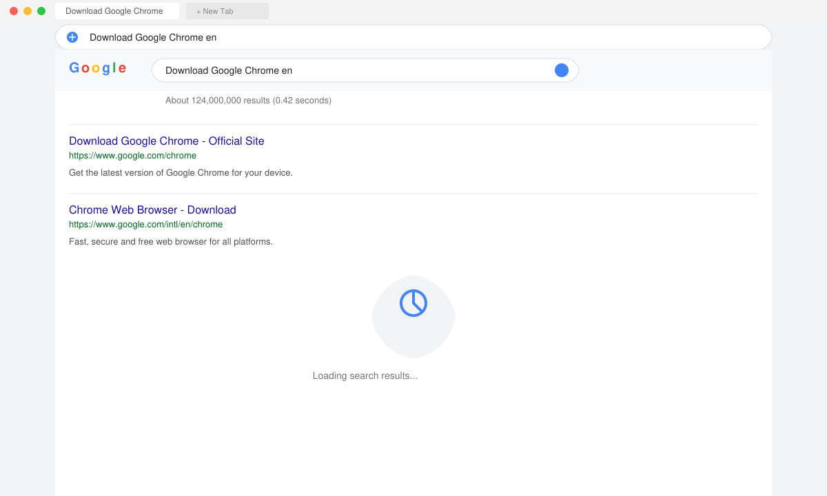 Screenshot of a web browser address bar with the text Download Google Chrome en typed in and the results page loading