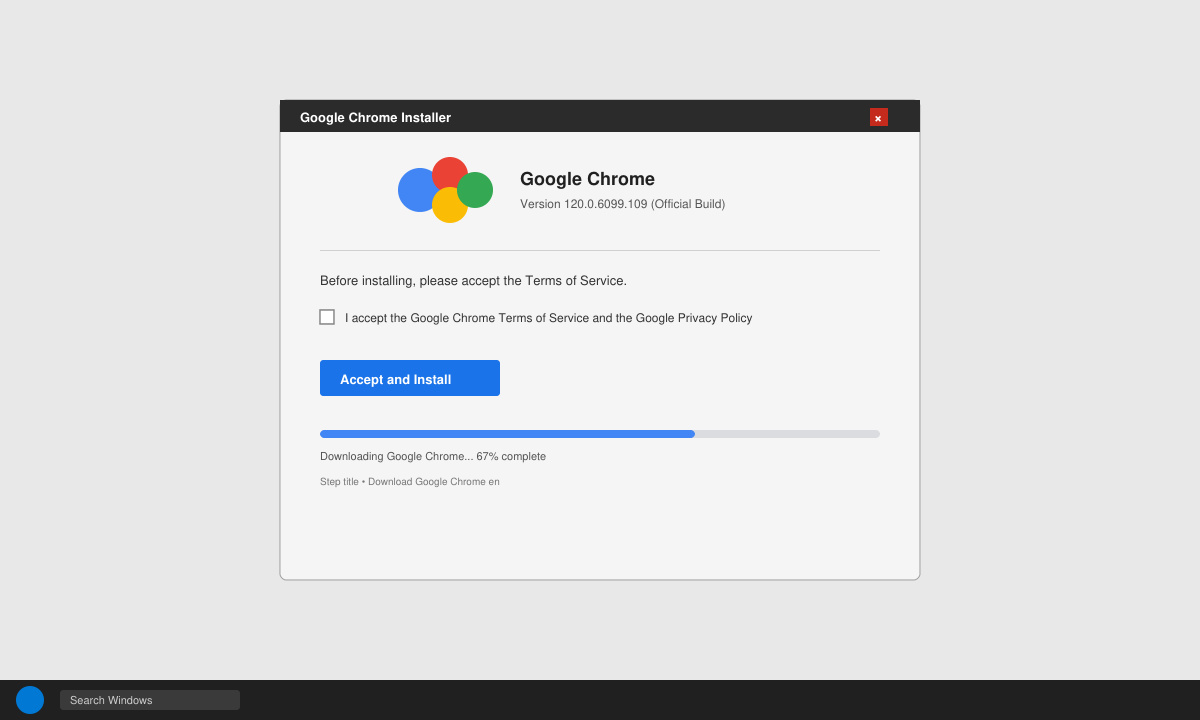 Image of the Chrome installer window running on Windows with the progress bar and accept terms button visible