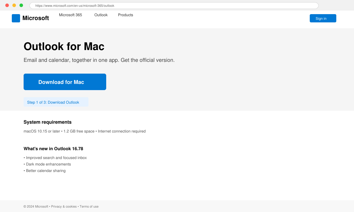 Microsoft website page to download Outlook for Mac