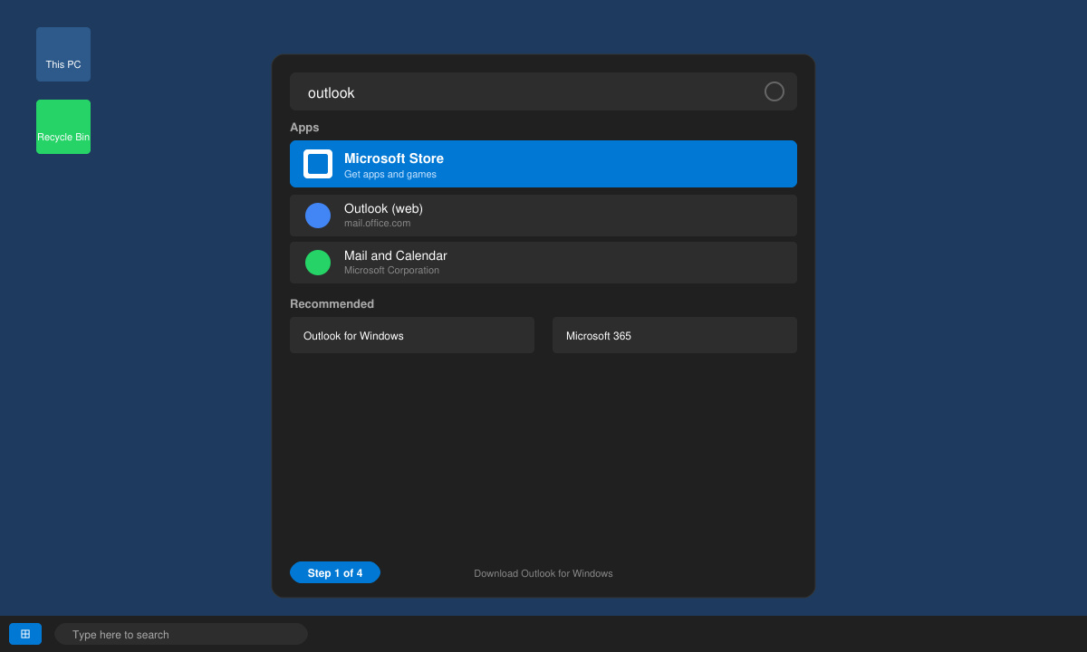 Windows Start menu search showing Microsoft Store highlighted in results