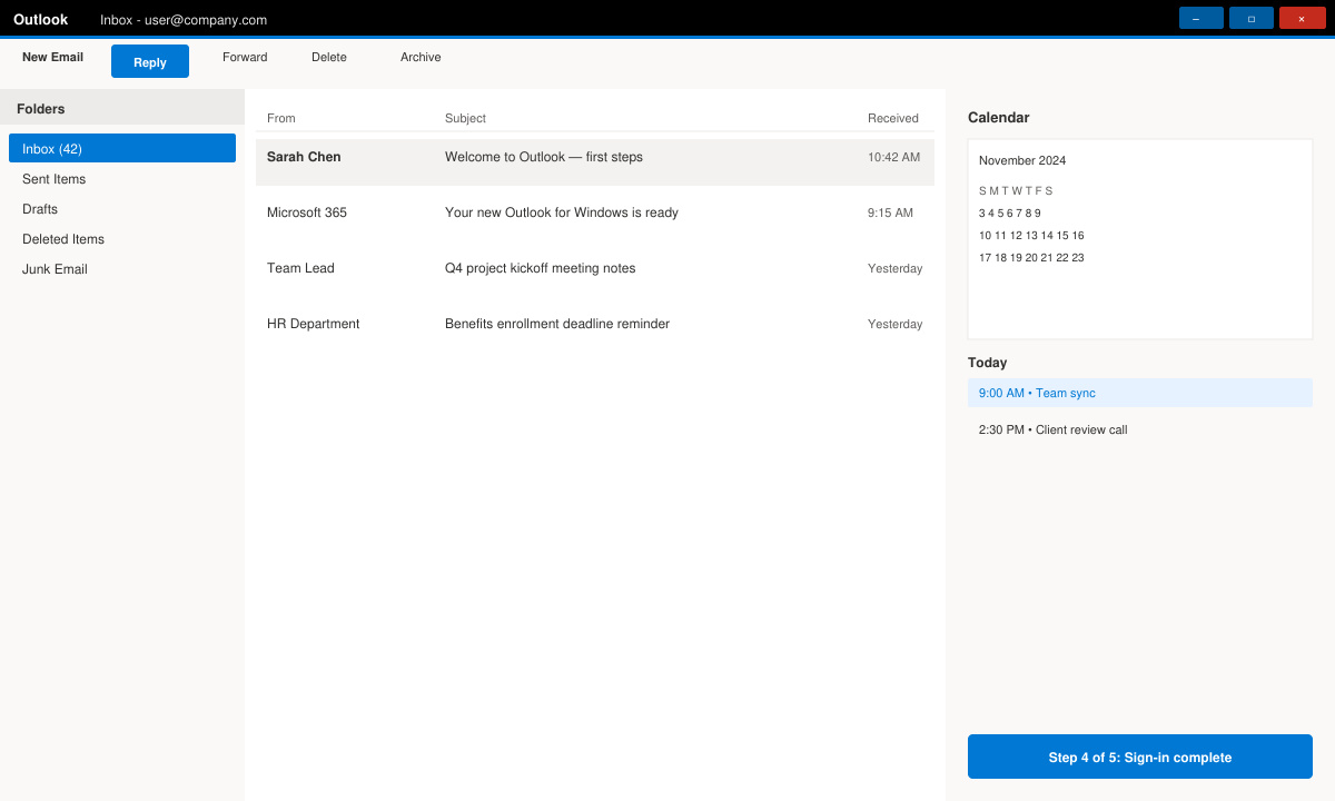 Outlook inbox view after first sign-in with email list and calendar sidebar visible