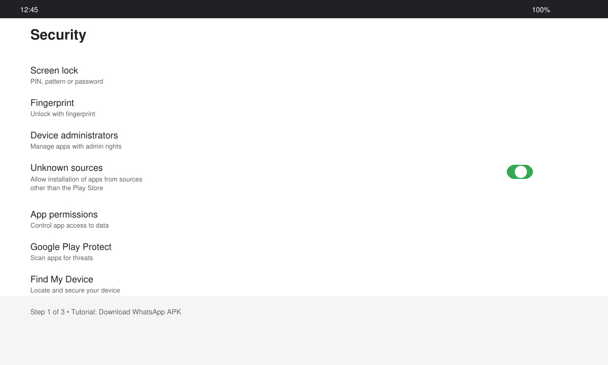 Close-up of Android security settings screen with the unknown sources toggle turned on
