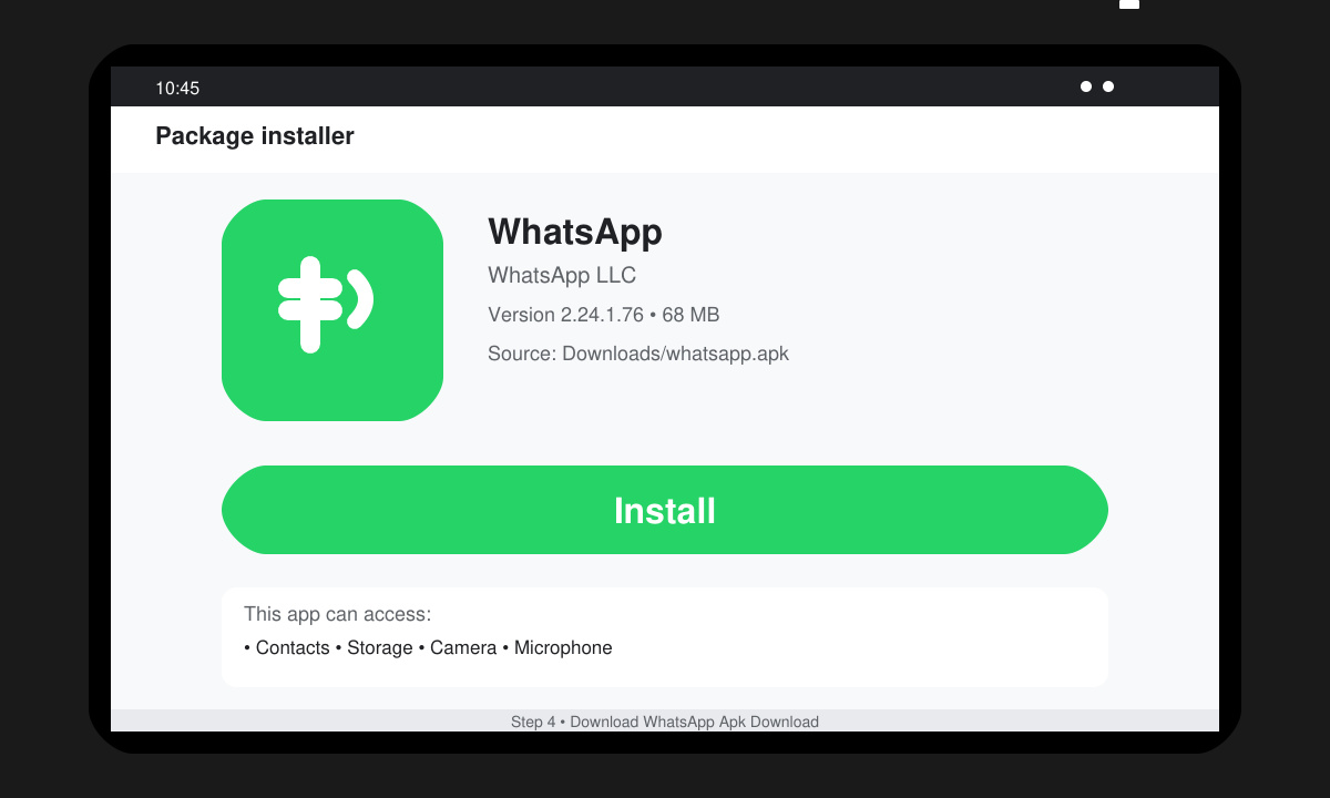 Android installation confirmation screen for WhatsApp APK with the Install button visible