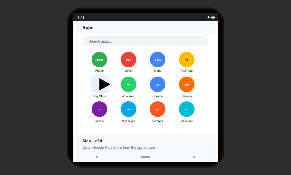 Close-up of an Android device opening the Google Play Store from the app drawer