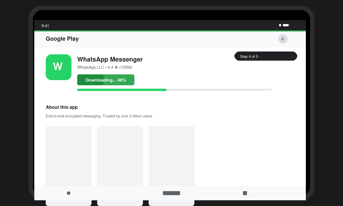 Android screen showing the WhatsApp install button and download progress indicator