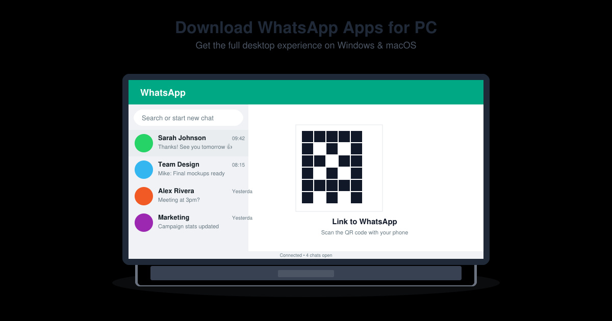 Hero image showing a laptop screen displaying the WhatsApp desktop interface with chat list and message window open