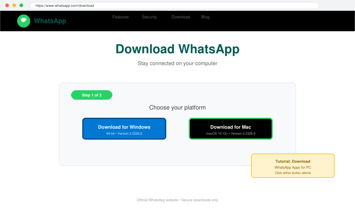 Screenshot of the WhatsApp website download buttons for Windows and Mac highlighted