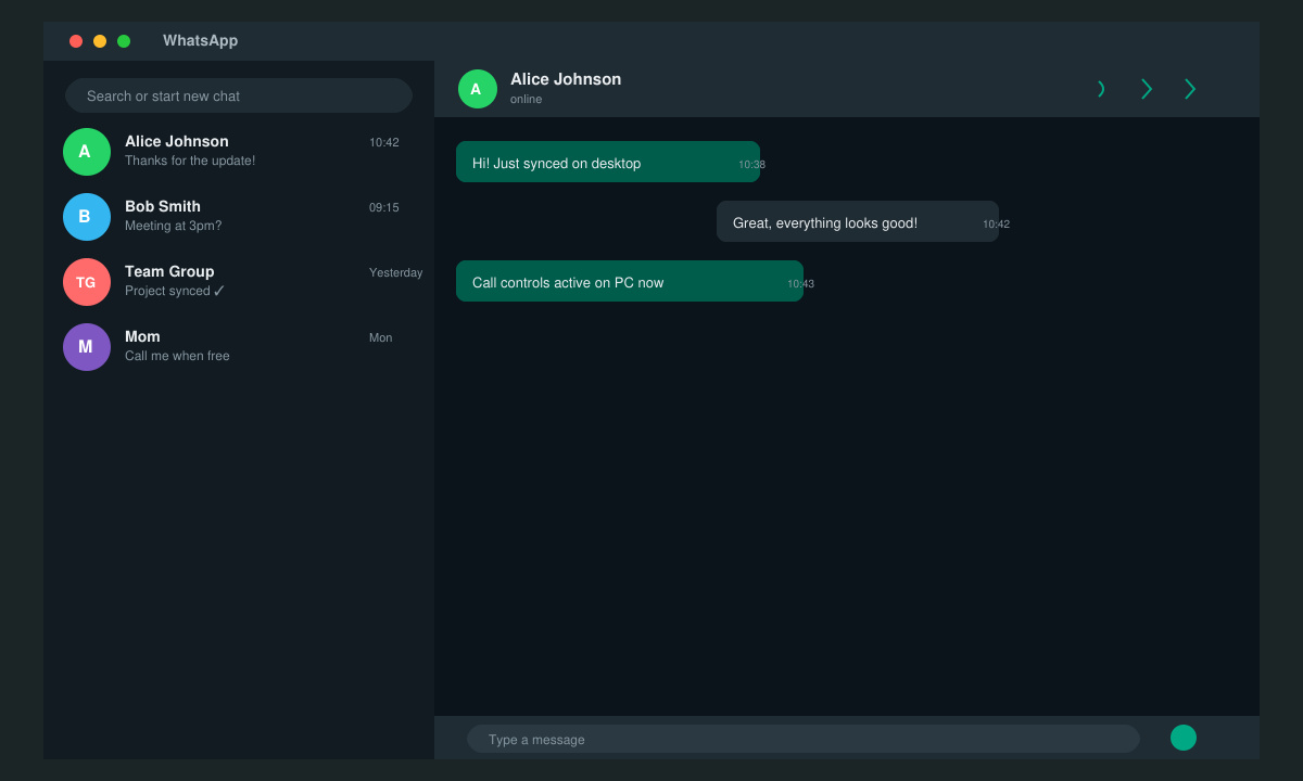 Final desktop WhatsApp window showing synced chats and active call button