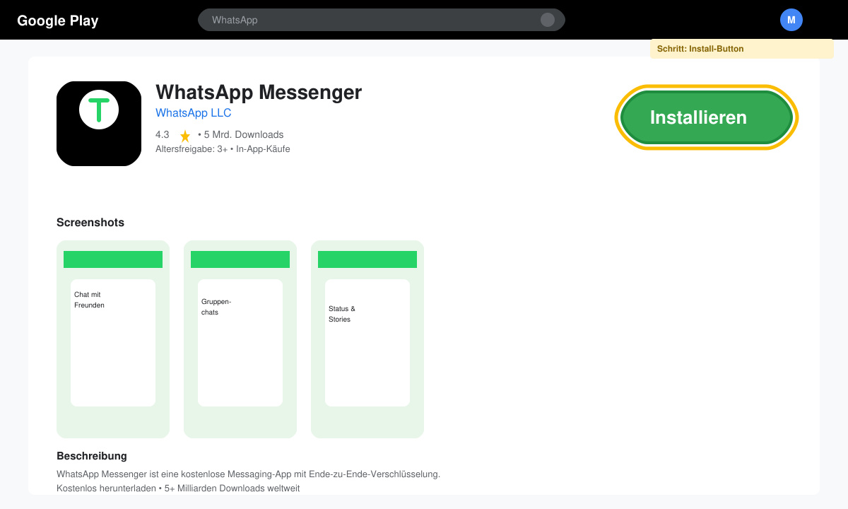 Close-up of Google Play Store search result for WhatsApp with the install button highlighted