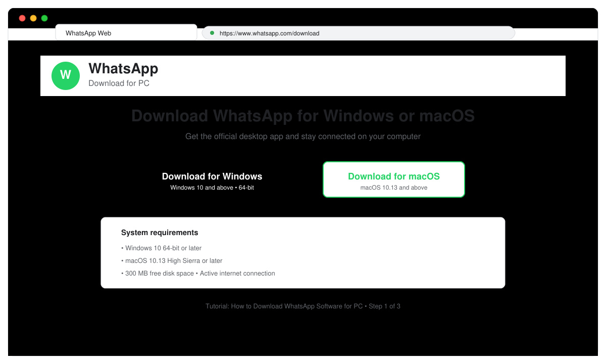WhatsApp Desktop download page with Windows and Mac options