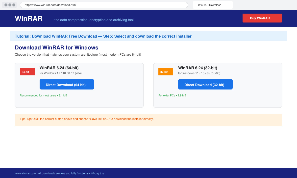 WinRAR download selection page highlighting the 64-bit Windows installer link