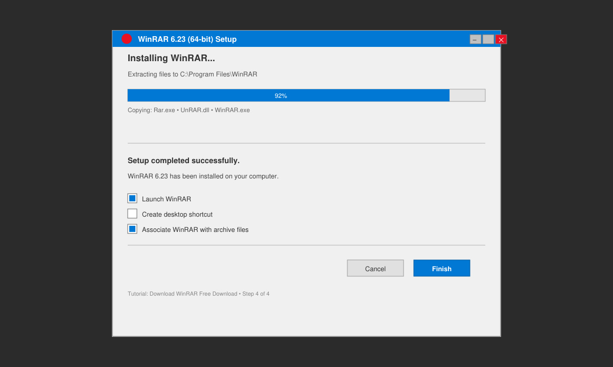WinRAR installation wizard showing the final setup confirmation screen
