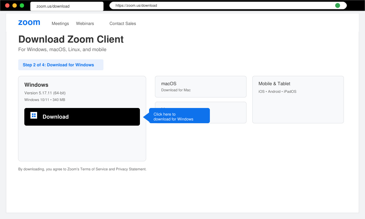 Screenshot of the official Zoom download page highlighting the Windows download button