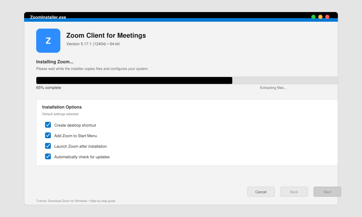 Windows installer screen during Zoom setup with progress bar visible