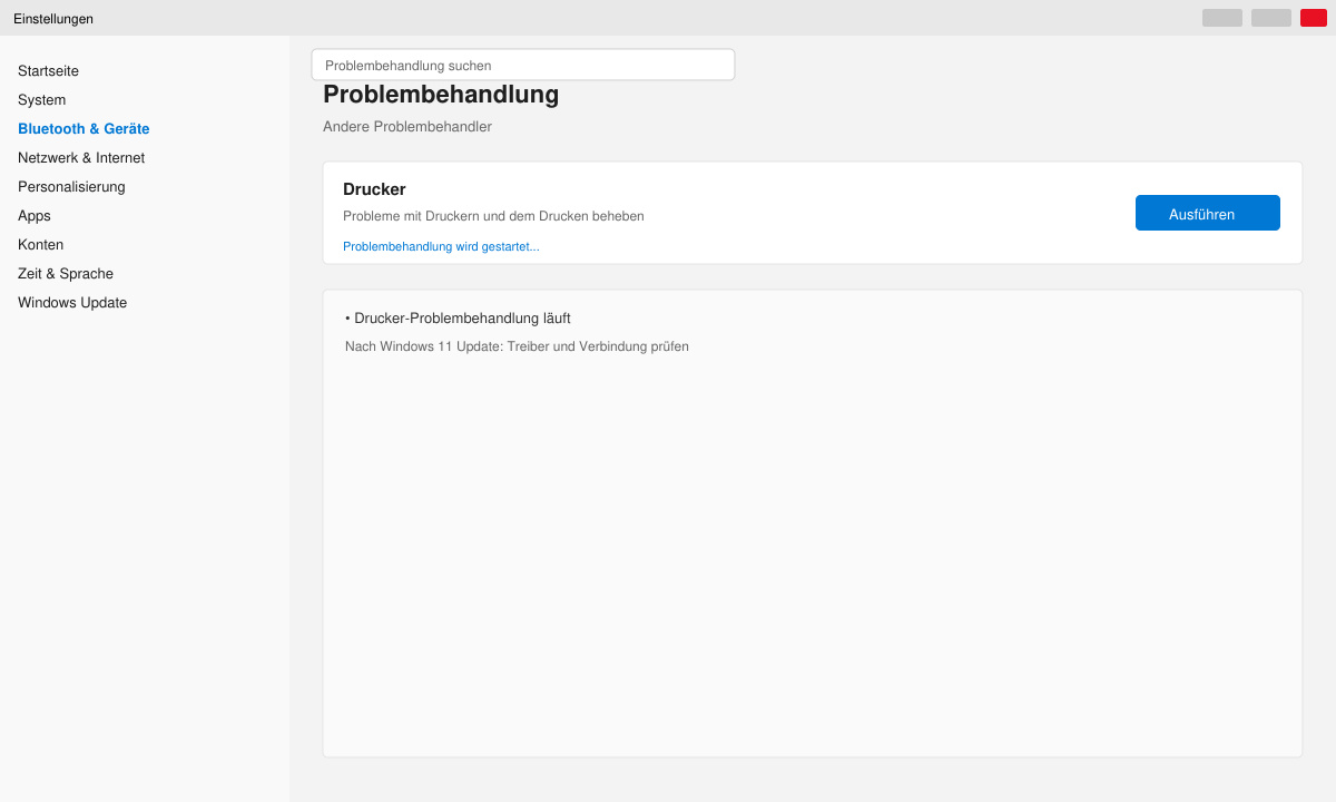 Drucker-Problembehandlung im Windows 11 Einstellungsmenü ausführen