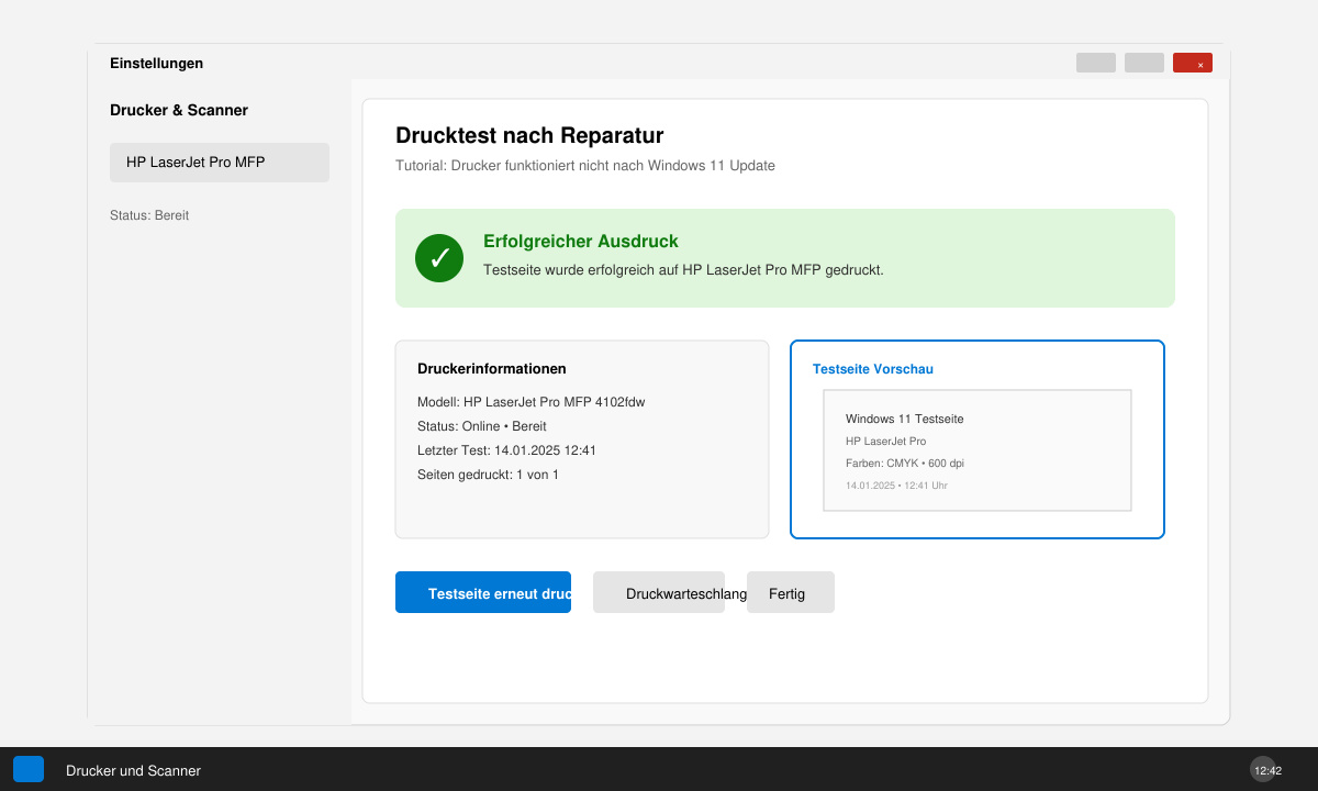 Erfolgreicher Drucktest nach der Fehlerbehebung in Windows 11