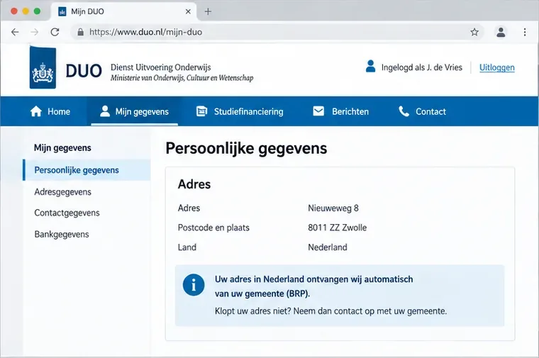 Voorbeeldweergave van Mijn DUO met persoonlijke gegevens en een Nederlands woonadres