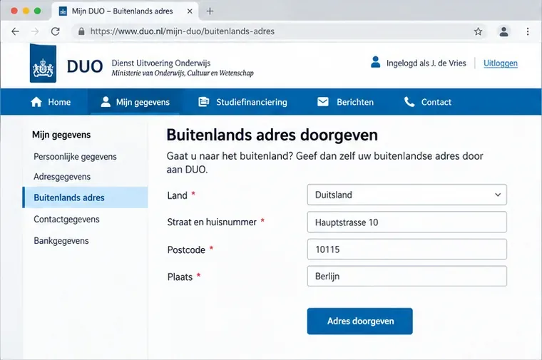 Voorbeeldweergave van Mijn DUO met invoervelden voor land, straat, postcode en plaats van een buitenlands adres