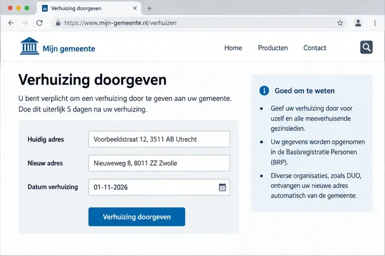 Voorbeeldscherm van een gemeentelijke verhuispagina met velden voor huidig adres, nieuw adres en verhuisdatum