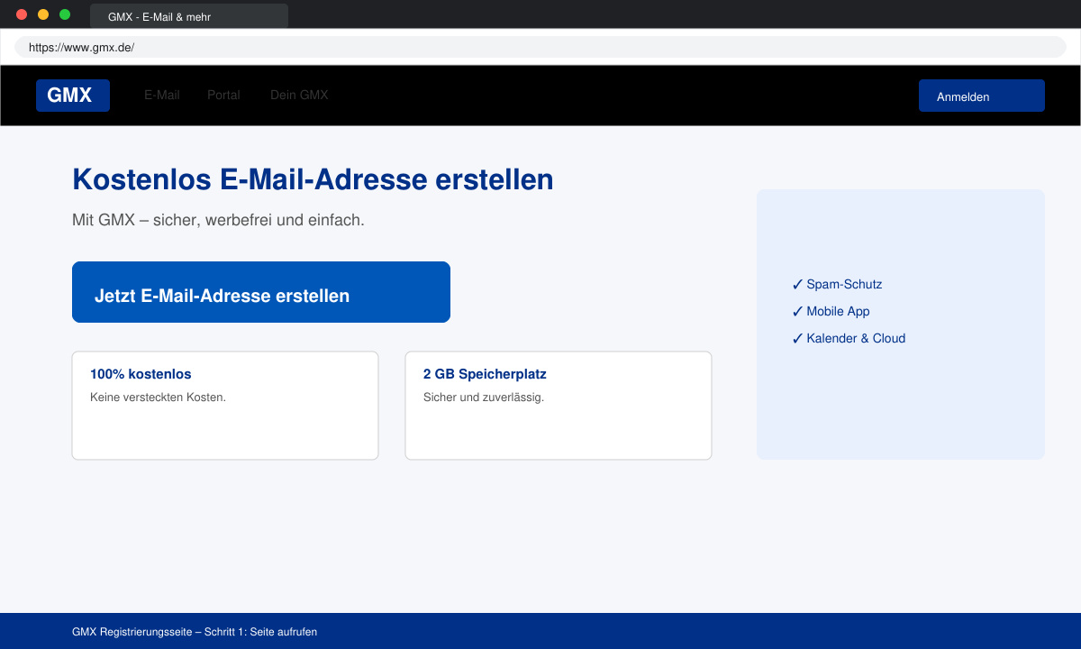 Screenshot des blauen „Jetzt E-Mail-Adresse erstellen“-Buttons auf gmx.de