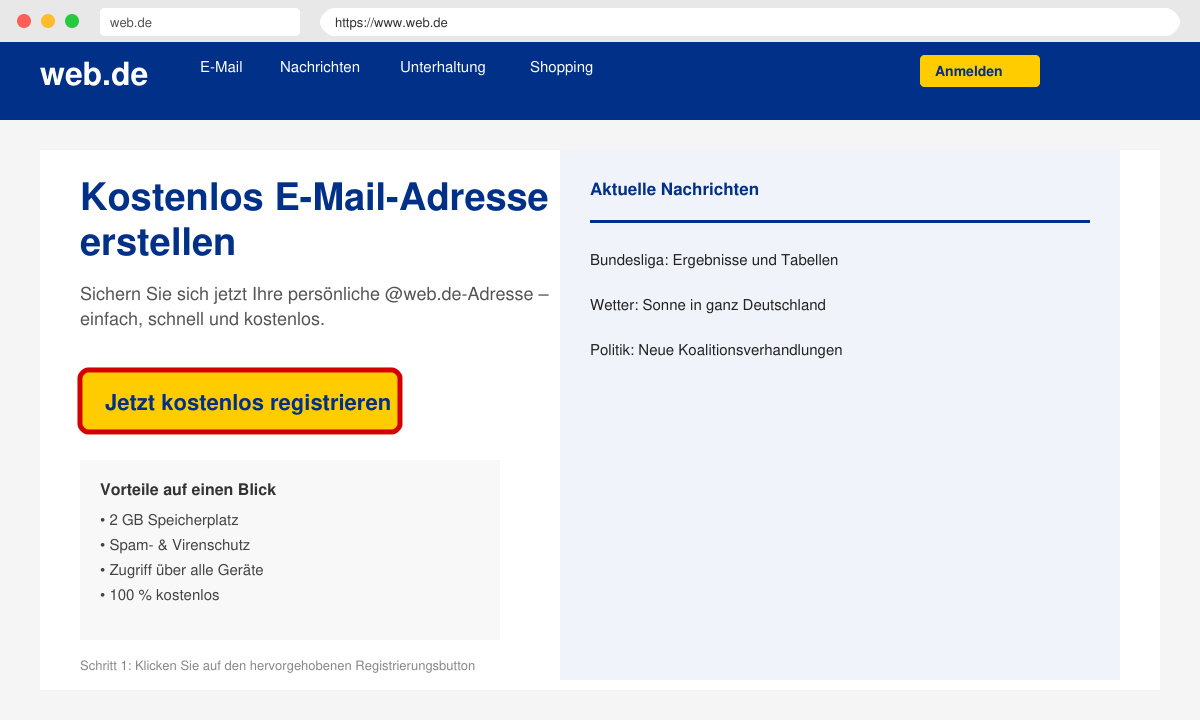 Registrierungsbutton auf der web.de Startseite
