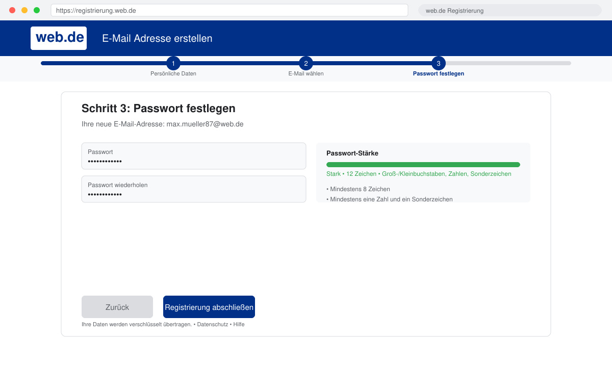 Formular zum Festlegen des Passworts bei web.de